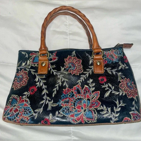 Patricia Nash Black Leather Satchel with Floral Embroidery and Matching Wallet - Picture 2 of 14